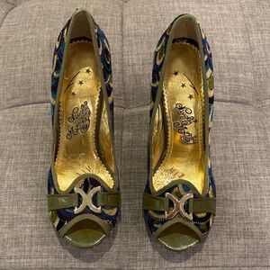 Naughty Monkey Green and Gold Peep-Toe Heels